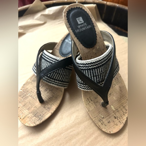 White Mountain Black and Cream Wedge Sandals - Picture 2 of 12